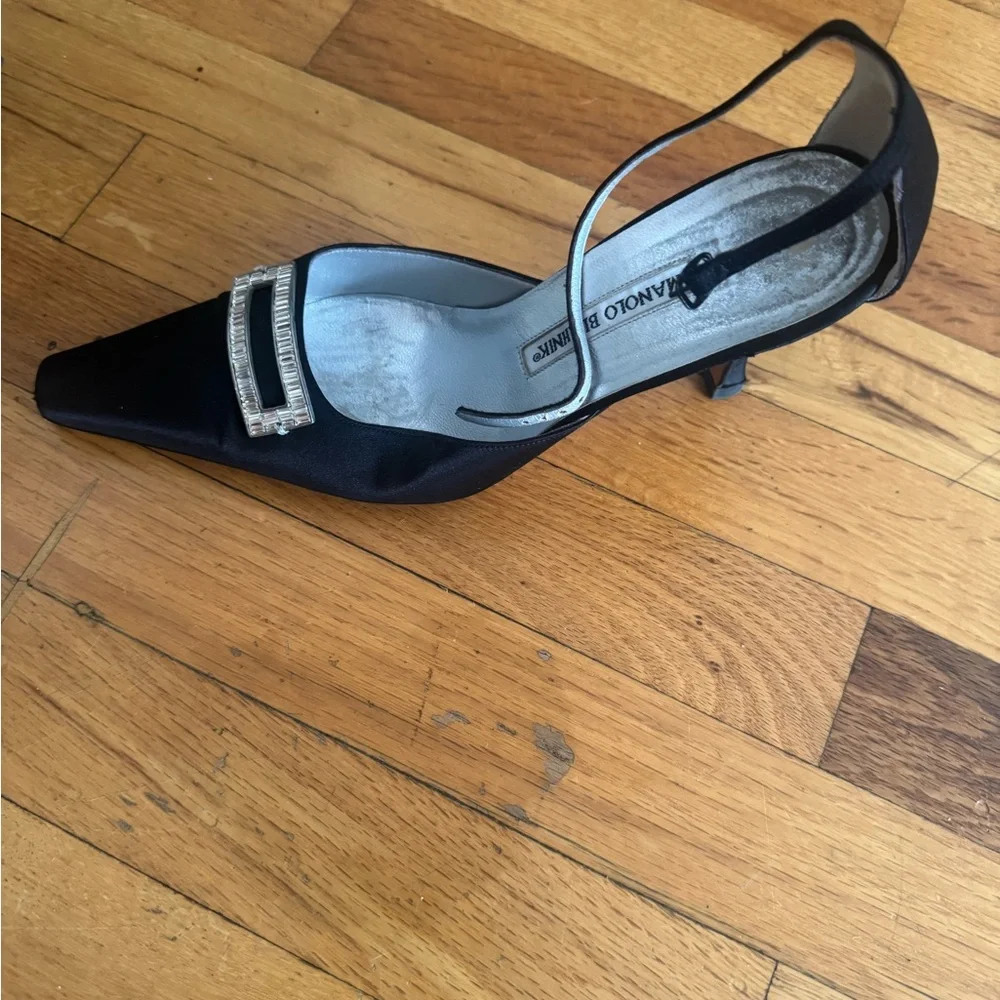 Manolo Blahnik Black Satin Slingback Pumps with Crystal Accent